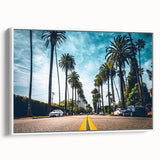 Vintage poster art of Beverly Hills with colorful elements on a large framed canvas, ideal for living room decor.