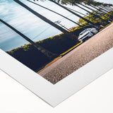 Art deco poster of Beverly Hills scenery in pastel colors on rolled canvas, suitable for dining room wall art.