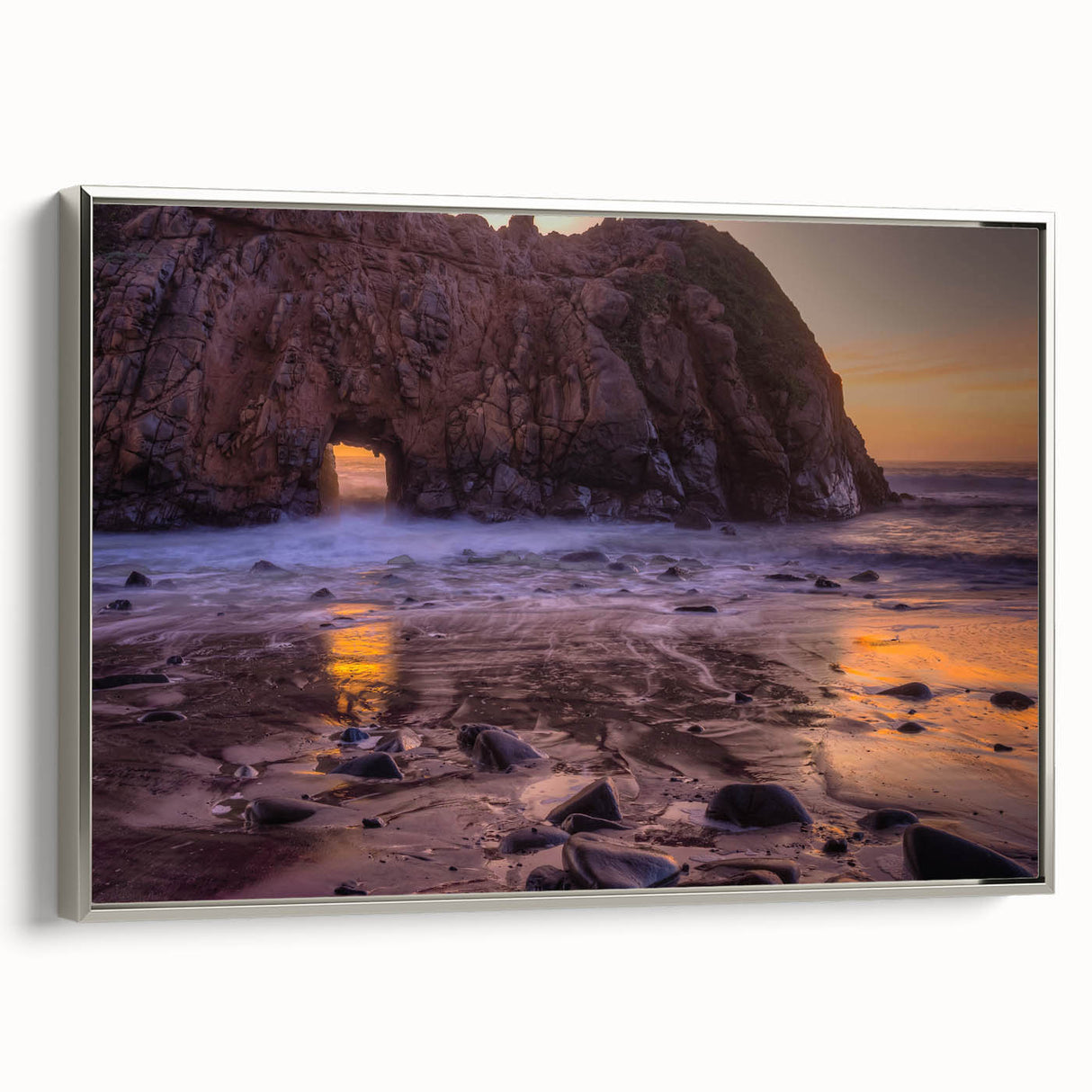 Framed canvas landscape art painting of Big Sur, California, with vibrant colors and silver frame.