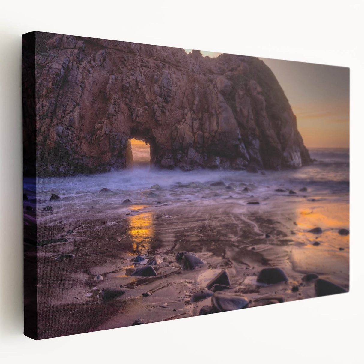 Large art depicting the scenic Big Sur coastline in natural hues on stretched canvas, ideal for kitchen wall art.