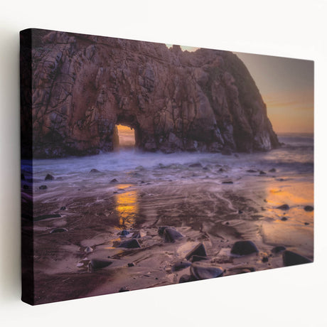 Large art depicting the scenic Big Sur coastline in natural hues on stretched canvas, ideal for kitchen wall art.