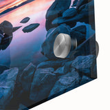 Large abstract wall art of Lake Tahoe in muted blue and green hues on acrylic glass, ideal for dining room ambiance.