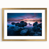 Extra large abstract art print of Lake Tahoe in textured style, featuring muted blue and green tones on a gold-framed canvas.