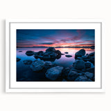 Abstract art print of Lake Tahoe with vivid blue and green tones on a framed white mat canvas.