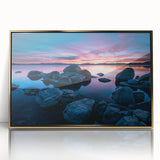 Framed acrylic print depicting Lake Tahoe with soft blue and green tones, in a mid-century modernist style.