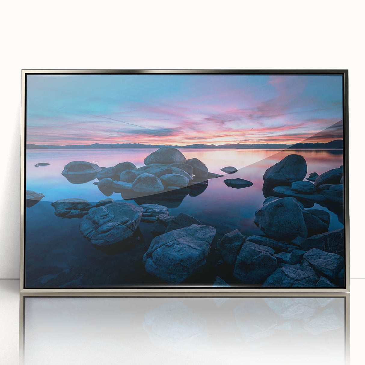 Mid-century modernist art depicting Lake Tahoe in muted blues and greens on a framed acrylic.