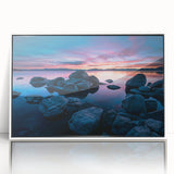 Acrylic print of Lake Tahoe with white frame, featuring serene blue and green tones, ideal for modern art wall decor.