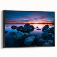 Black and white framed canvas of Lake Tahoe landscape, ideal for bedroom wall art.