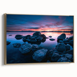 Framed canvas depicting Lake Tahoe landscape in muted earth tones, ideal for bedroom wall art.
