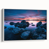 Framed canvas of vintage poster art depicting Lake Tahoe, featuring a colorful palette.