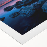 Art deco poster of Lake Tahoe in muted blue and green tones on rolled canvas, suitable for dining room wall art.