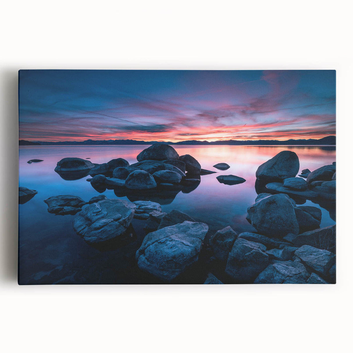 Black and white photo of Lake Tahoe on large stretched canvas, suitable for kitchen wall art.