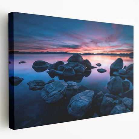 Large art print of Lake Tahoe with vivid blue and green tones on stretched canvas, suitable for kitchen wall decor.