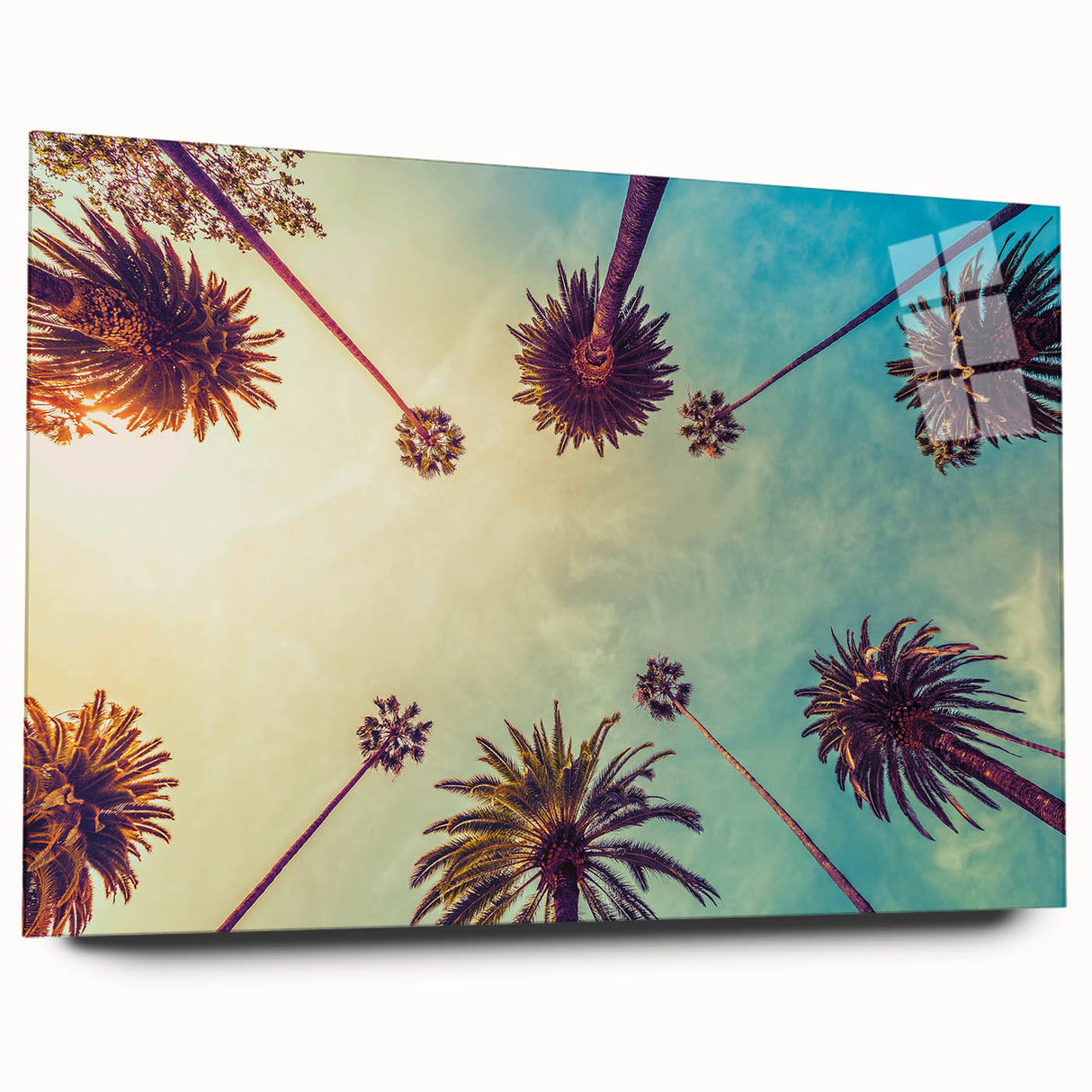 Large abstract wall art of Los Angeles skyline in muted gray and blue tones on acrylic glass.