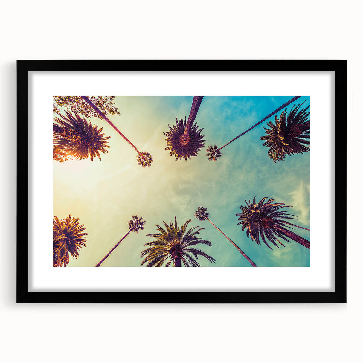 Extra large abstract art print of Los Angeles in vibrant, colorful textures on a black framed canvas.