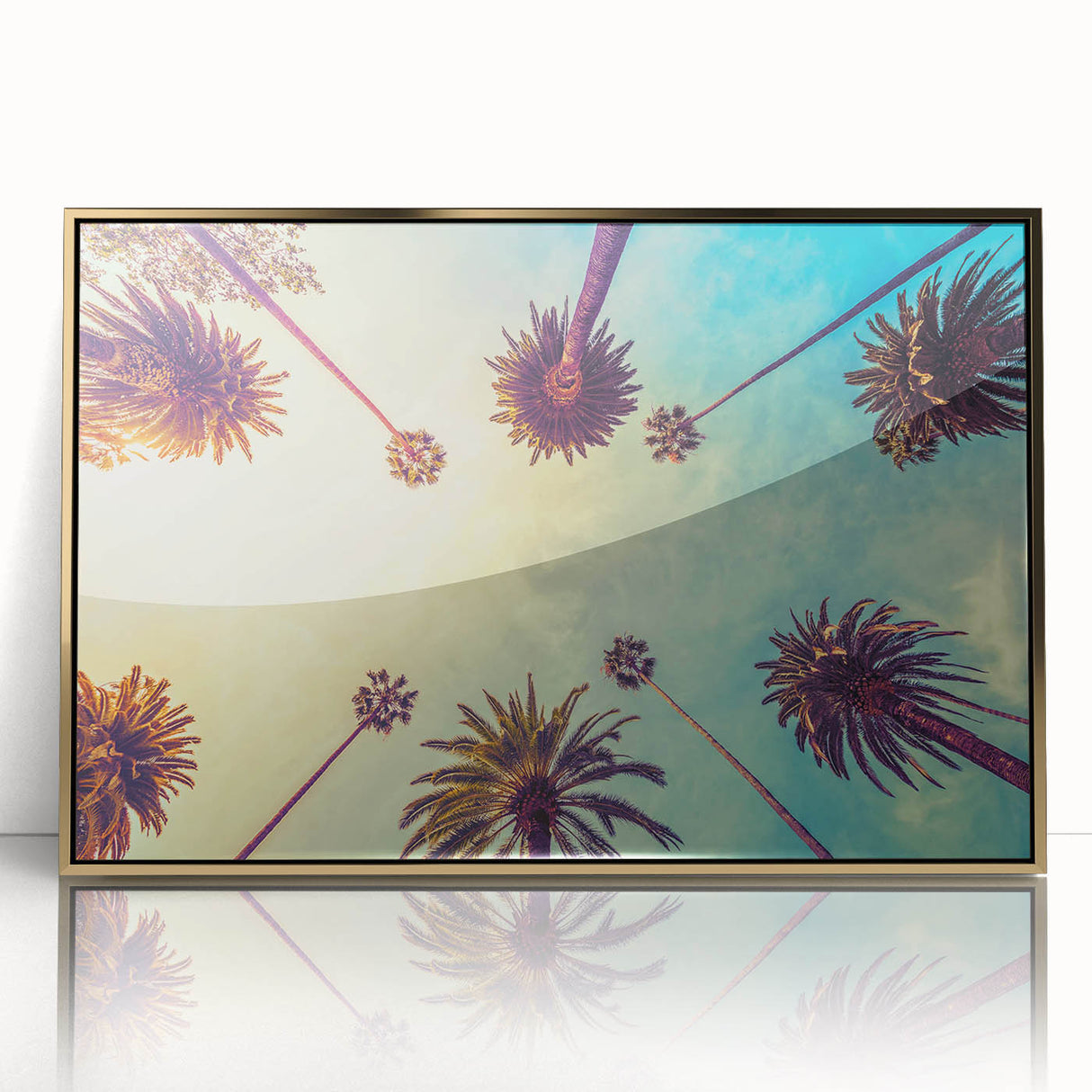 Mid-century modernist Los Angeles skyline in gold and black hues on framed acrylic, ideal for modern art wall decor.