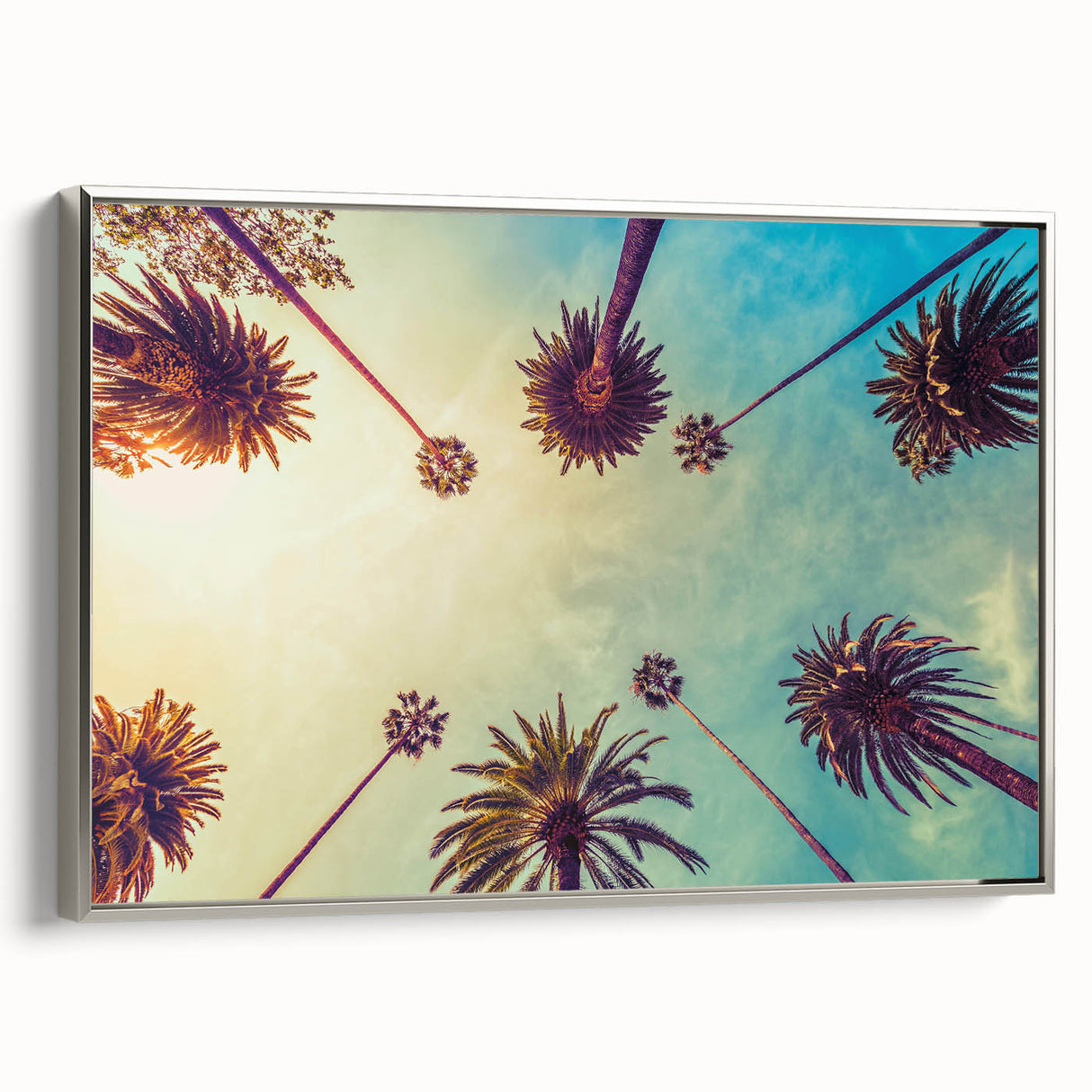 Framed canvas of Los Angeles landscape with vintage poster style in colorful and black tones, ideal for office decor.