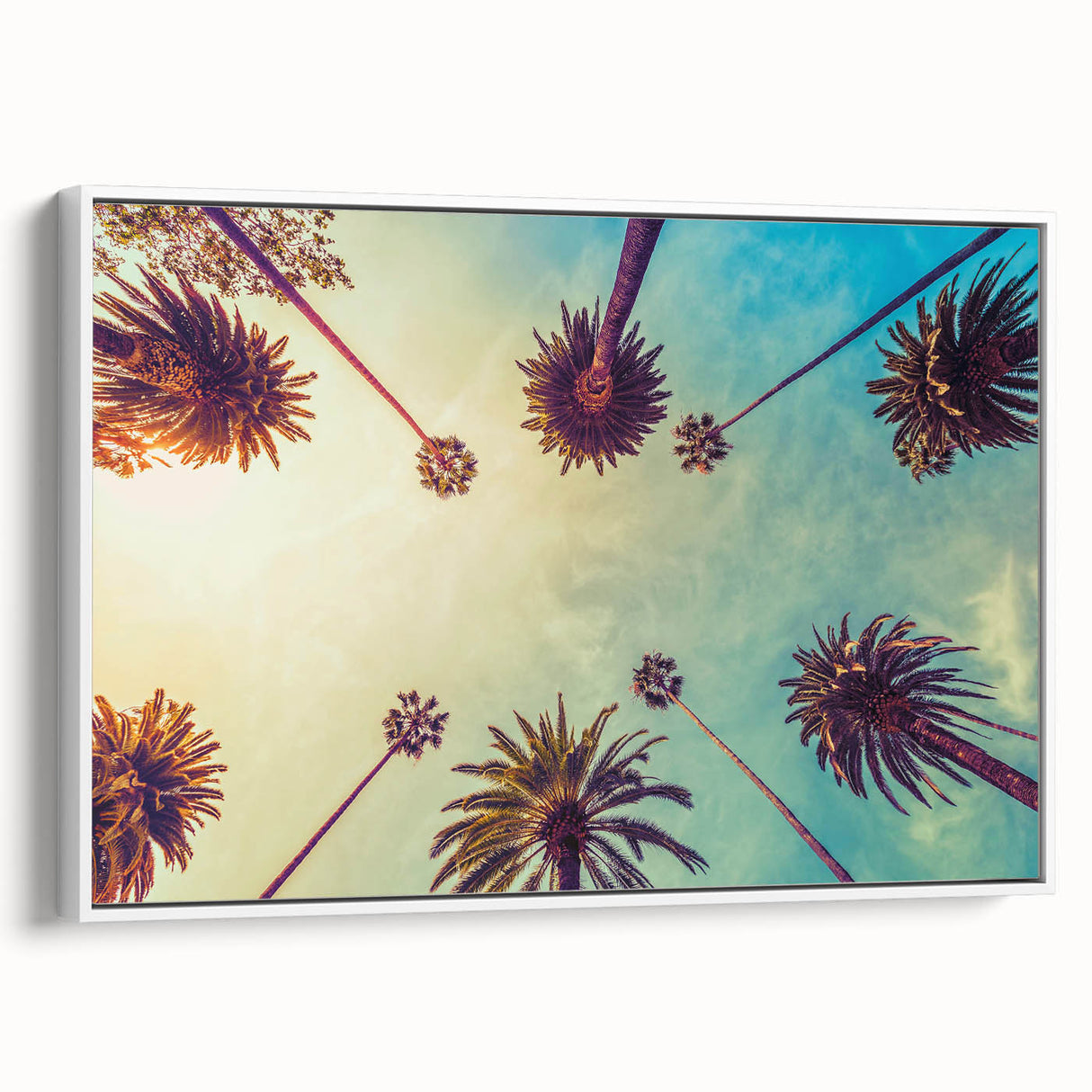 Vintage poster art of Los Angeles skyline in vibrant colors on a framed canvas, ideal for living room decor.