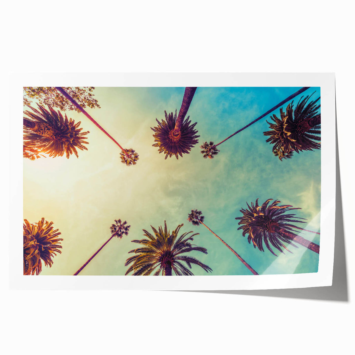 Rolled print of Los Angeles skyline with muted blue and pink tones, ideal for art wall dining room.