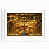 Abstract art print of Sacramento scenery in muted blue and green tones, framed with a white mat.