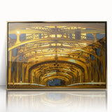 Framed acrylic print of Sacramento scenery in mid-century modernist style with gold tones.