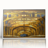 Framed acrylic print of Sacramento skyline in art deco style, using muted gray and blue tones.