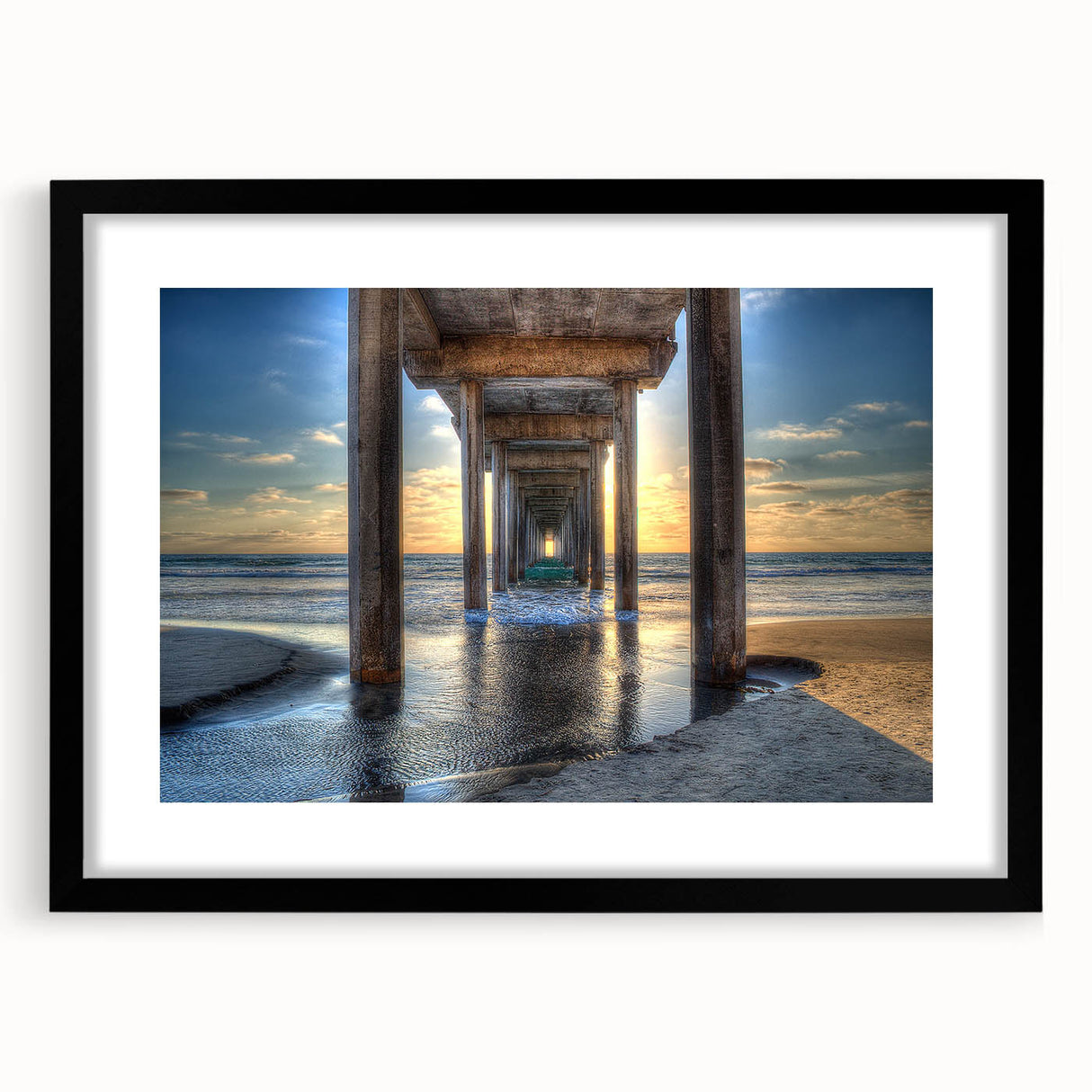 Extra large abstract art print of textured, colorful art depicting San Diego scenery, in a black frame with mat.