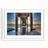 Abstract art print of San Diego skyline in muted blue and gray tones on a framed white mat, ideal for dining room art.