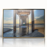 Mid-century modernist San Diego skyline in muted gold and blue tones on a framed acrylic, ideal for modern art wall decor.