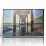 Mid-century modernist art depicting San Diego scenery in muted blue and silver tones, framed acrylic.