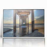 Acrylic print of San Diego skyline in art deco style with pastel color palette, framed in white.