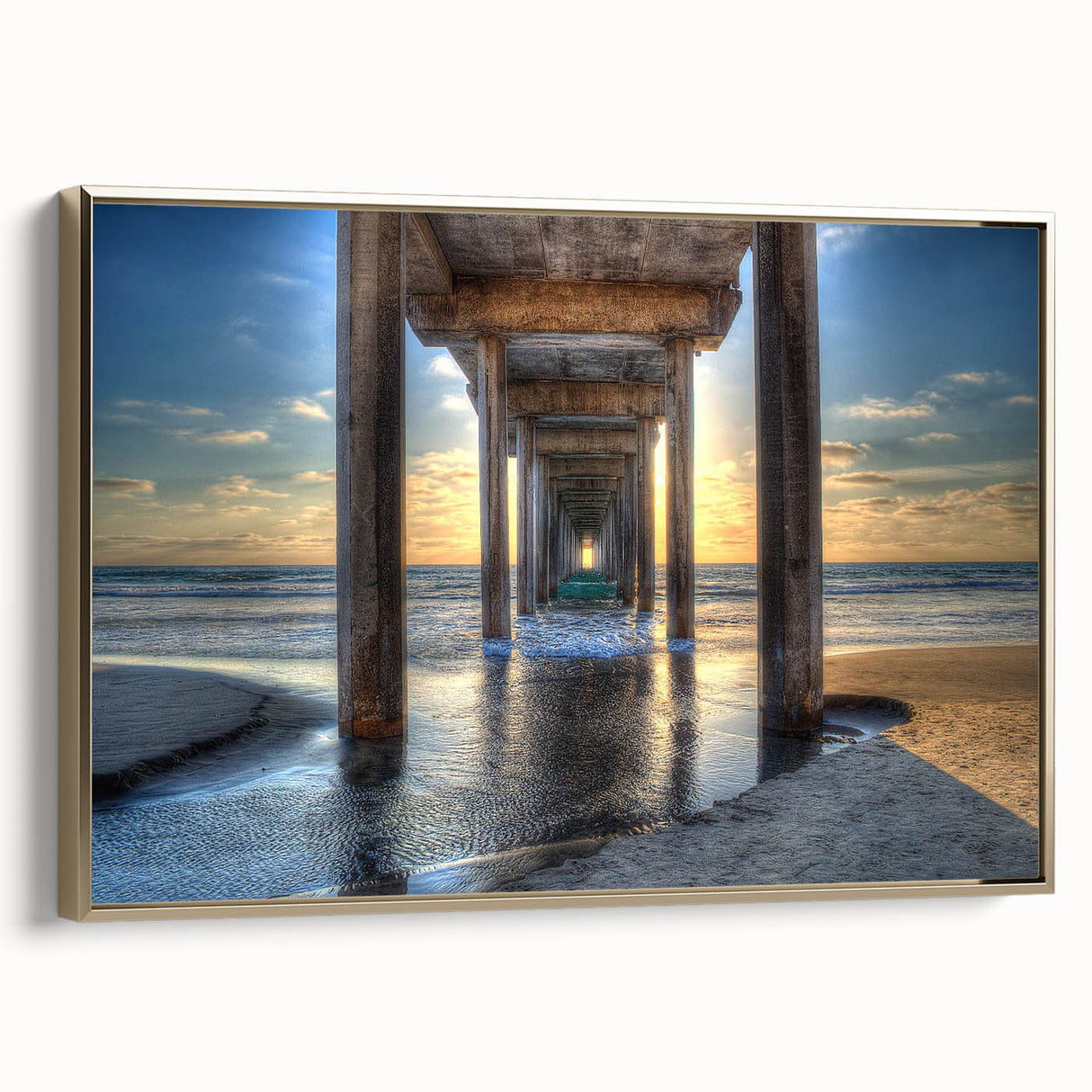 Framed canvas featuring a vintage-style landscape painting of San Diego in black and gold tones, ideal for bedroom wall art.