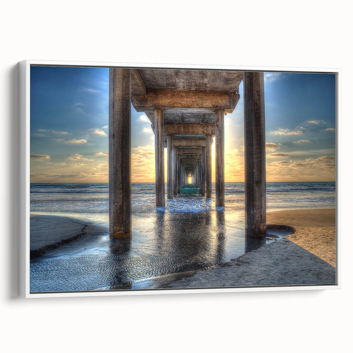 Vintage poster art of San Diego scenery in vibrant colors on a large framed canvas, ideal for living room decor.
