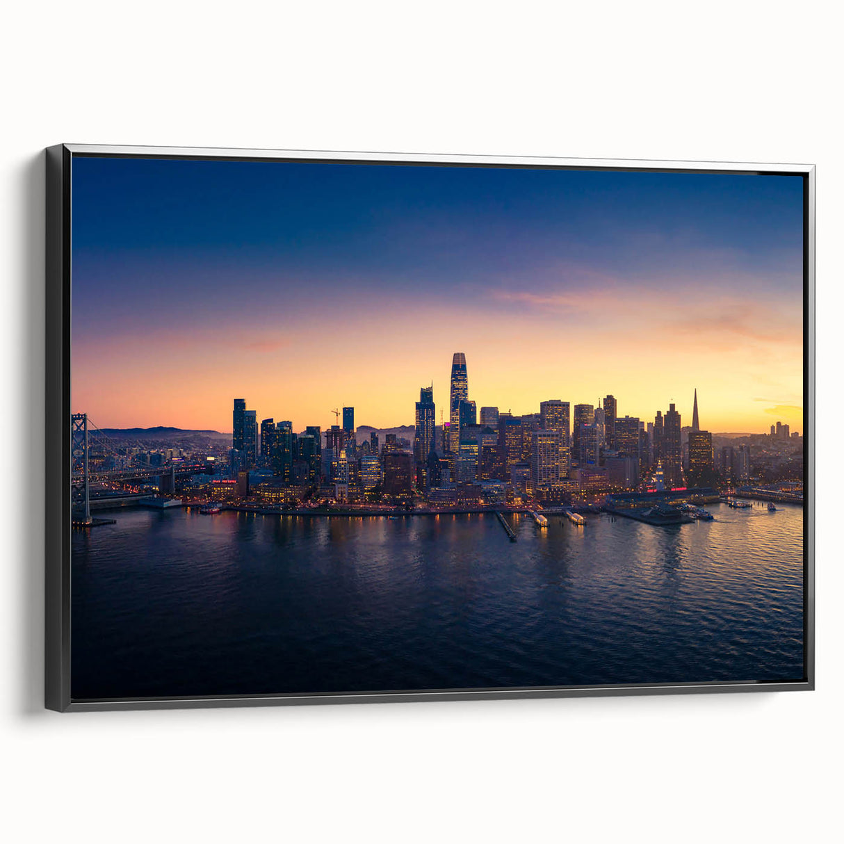 Black and white vintage poster art of San Francisco landscape on framed canvas, ideal for bedroom decor.