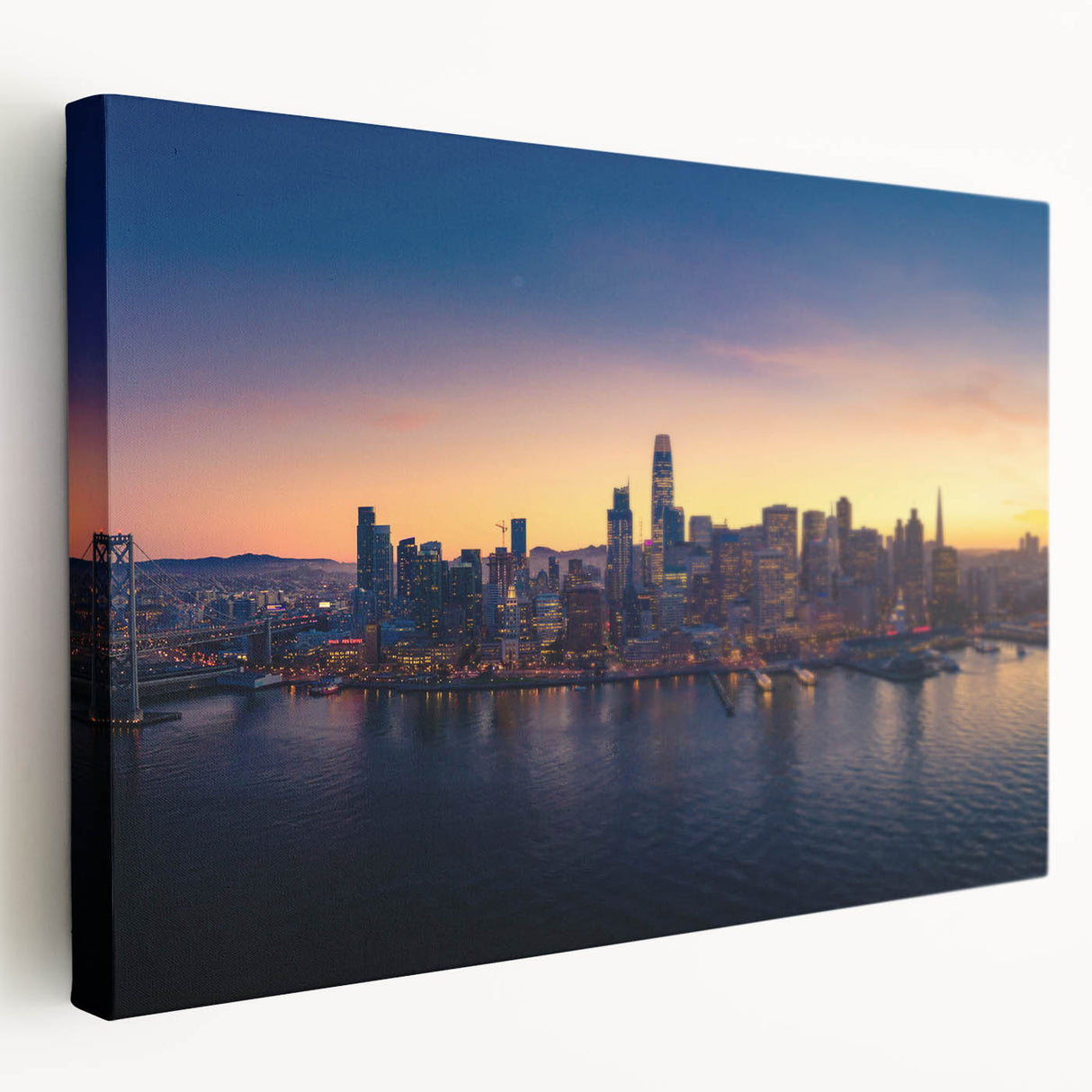 Large stretched canvas featuring a detailed San Francisco skyline in muted gray tones, ideal for kitchen wall art.