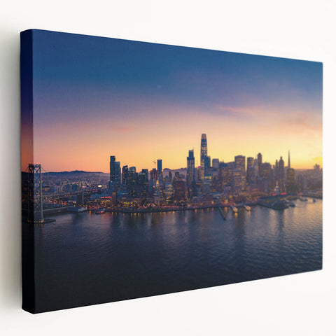 Large stretched canvas featuring a detailed San Francisco skyline in muted gray tones, ideal for kitchen wall art.