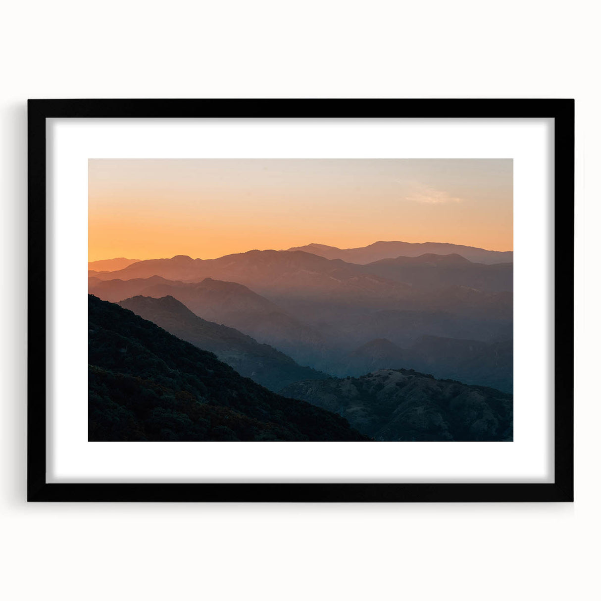 Colorful abstract art print of Santa Barbara scenery in a black frame with mat, ideal for living room decor.