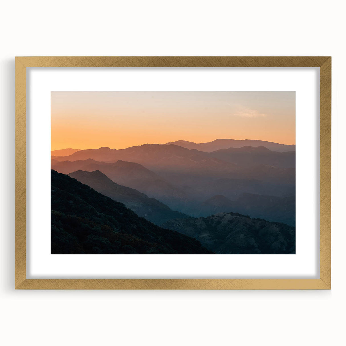 Extra large abstract art print of Santa Barbara scenery in gold frame, featuring textured brush strokes in muted earth tones.