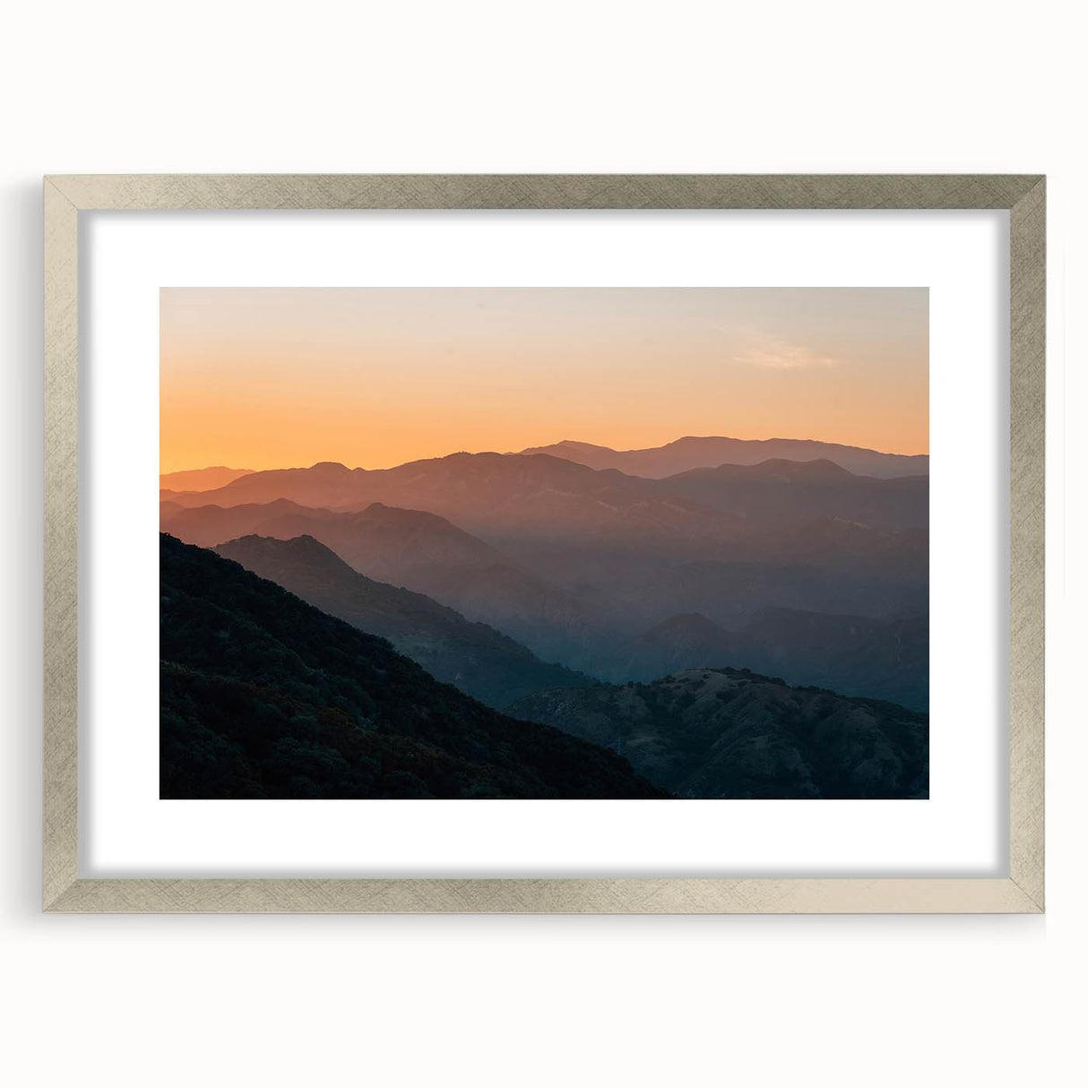 Textured abstract art print of Santa Barbara scenery in muted earth tones, framed with a silver mat, ideal for bedroom art.