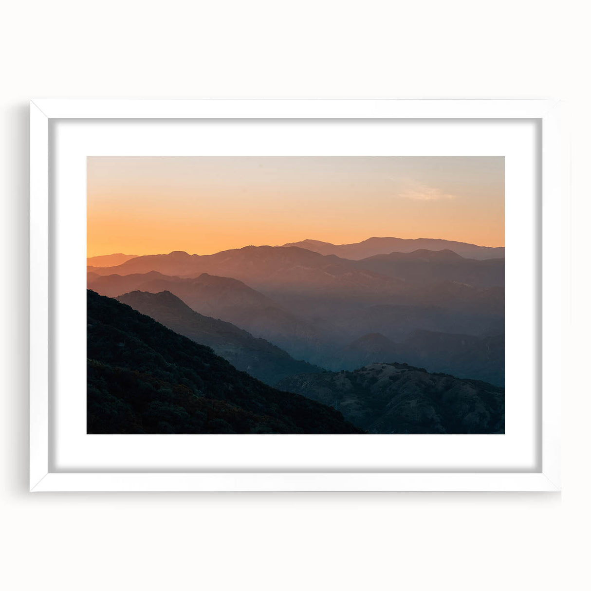 Abstract art print of Santa Barbara scenery in muted earth tones on a framed white mat, ideal for dining room decor.