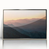 Mid-century modernist art depicting Santa Barbara scenery in muted colors on a silver-framed acrylic print.