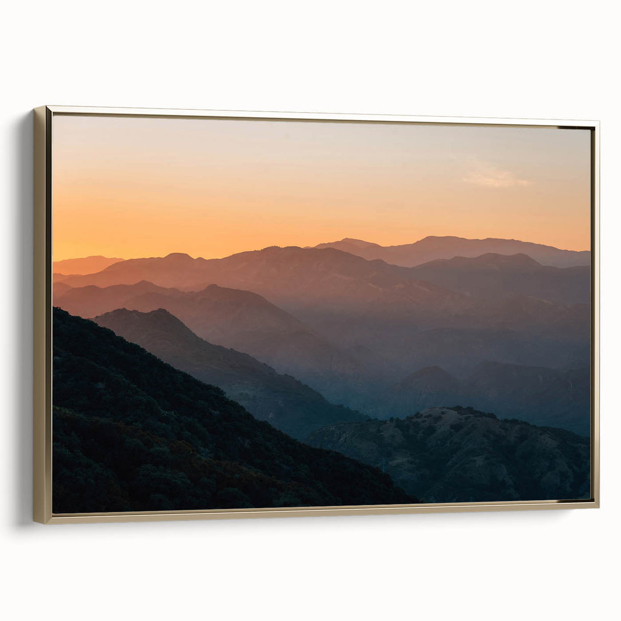 Framed canvas depicting a vintage-style Santa Barbara landscape in muted gold and black tones, ideal for bedroom wall art.
