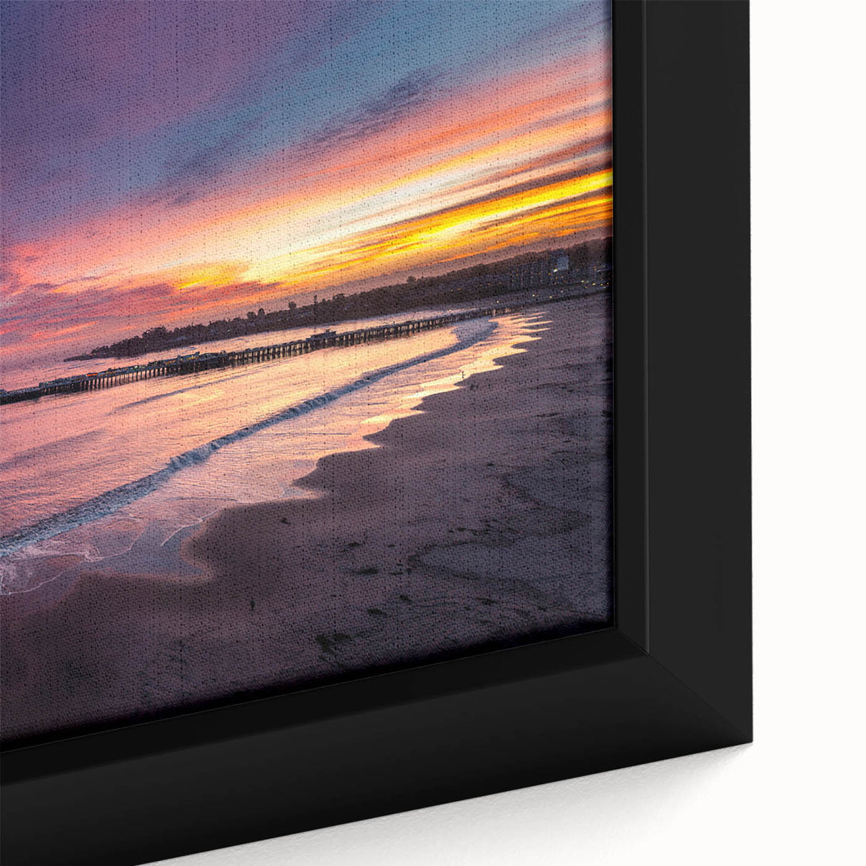Framed canvas featuring a textured depiction of Santa Cruz with a black background and colorful accents.
