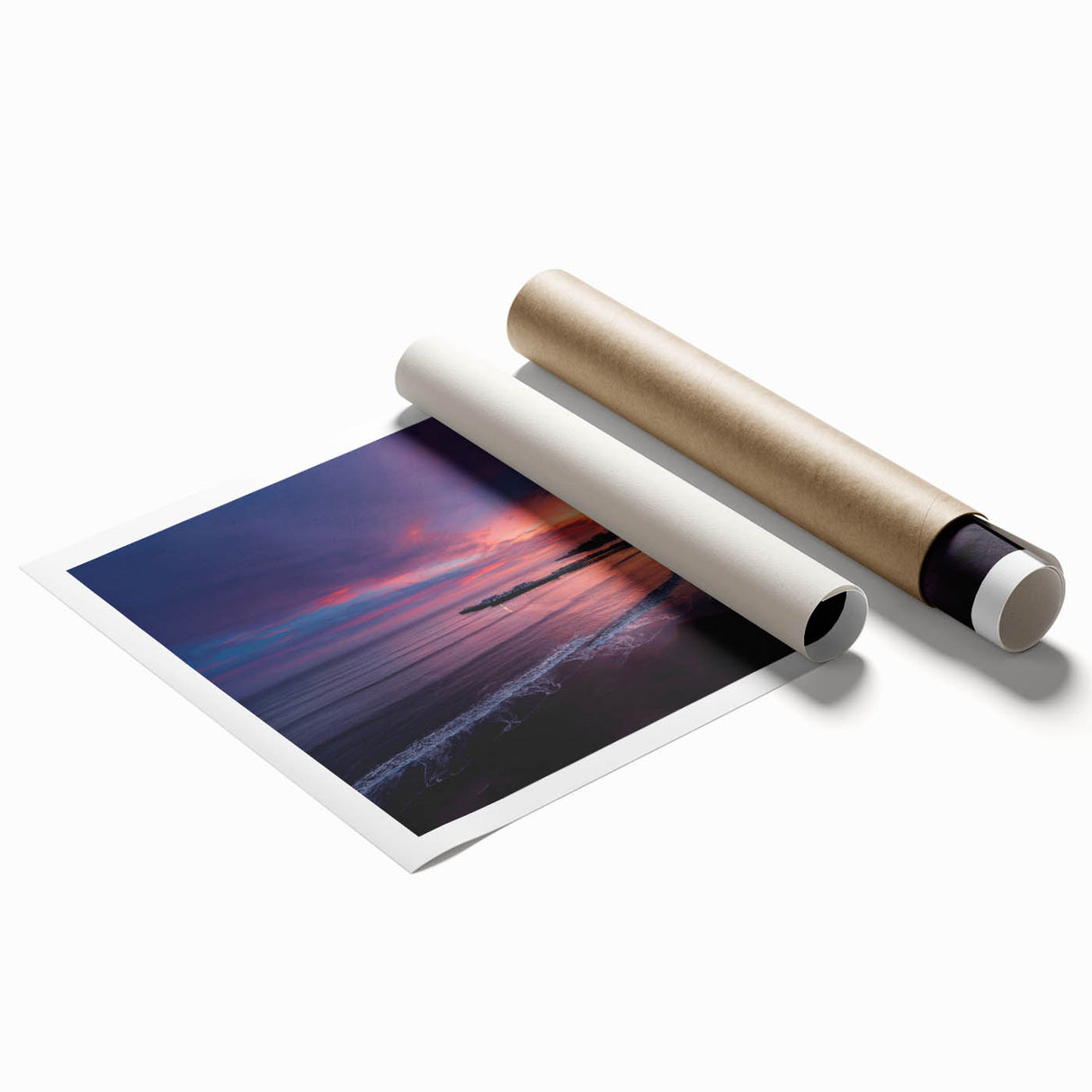 Rolled print of Santa Cruz scenery with floral elements in soft color tones, ideal for classy bathroom wall art.