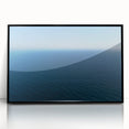 Large abstract wall art depicting Santa Monica scenery in muted gray and blue tones, framed in black acrylic.