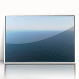 Art deco poster of Santa Monica scenery in muted blue and white tones, framed acrylic, ideal for nursery wall art.