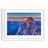 Abstract art print of Yosemite landscape in muted earth tones on a white-framed canvas, suitable for dining room decor.