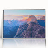 Acrylic print of Yosemite landscape with muted green and blue tones, framed in white, suitable for modern art wall decor.