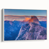 Vintage poster art of Yosemite on extra large framed canvas, featuring colorful scenery against a black background.