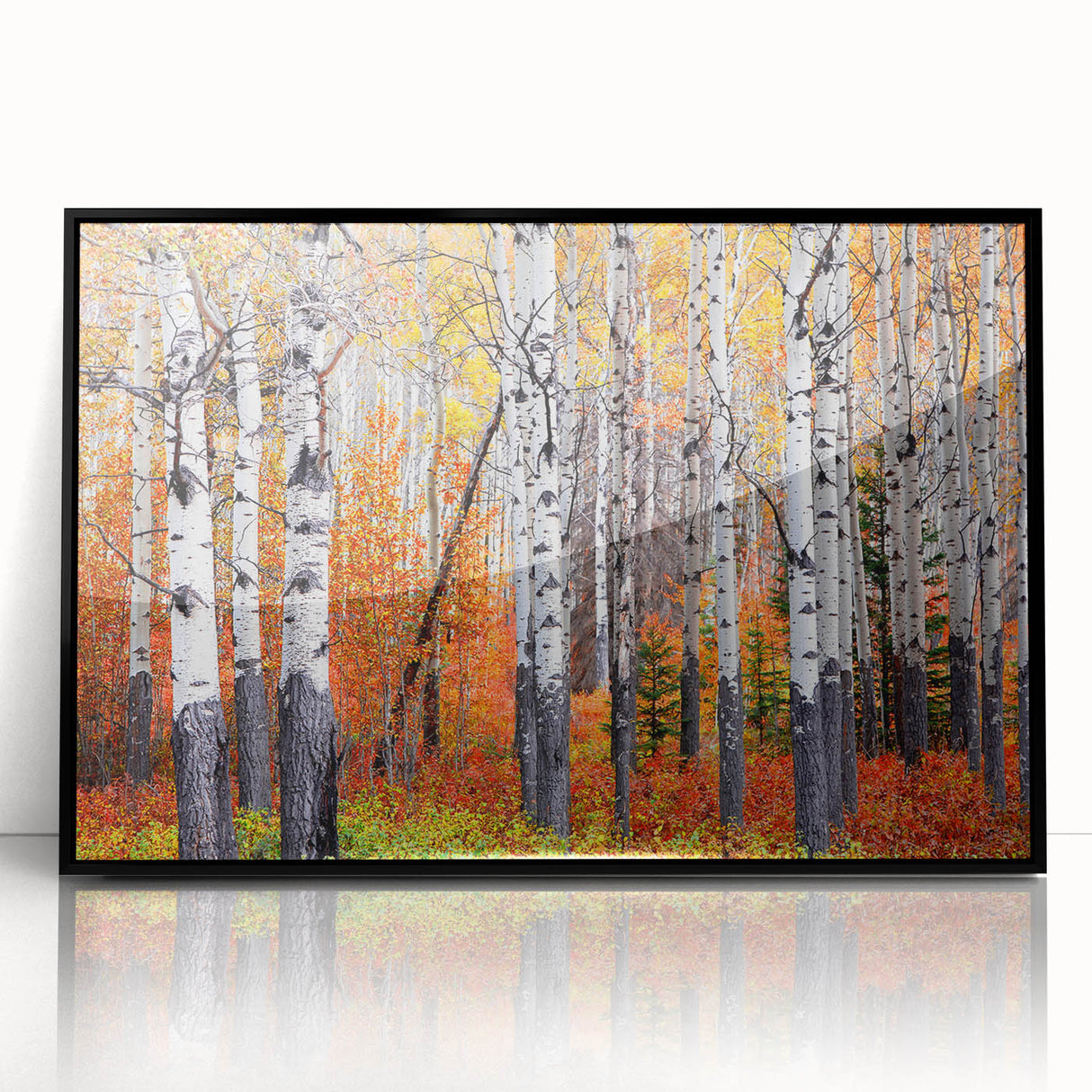 Large abstract wall art depicting a colorful Aspen, Colorado scenery on a framed acrylic, ideal for modern living room decor.